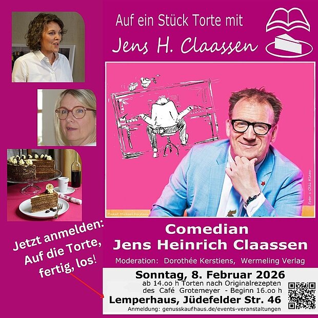 Ankündigung für den 08.02.2026: Talk und Torte mit Comedian Jens Heinrich Claassen im Lemperhaus, mit Anmeldelink